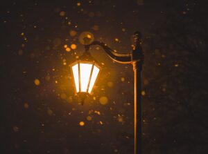 a street lamp lit up on a snowy night